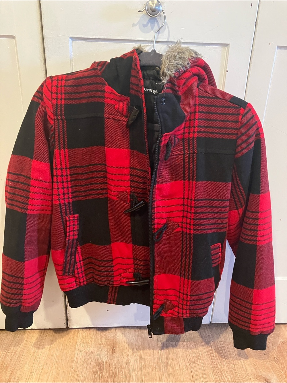 George Red & Black Plaid Hooded Puffer Jacket